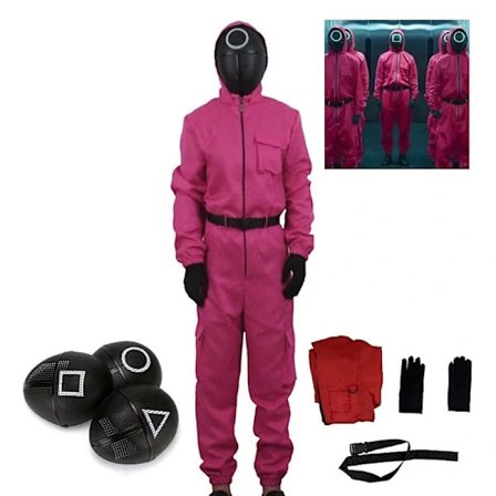 Halloween Squid Game Jumpsuit Kostymesett - Rød Jumpsuit & Triangelmaske Kompatibel med HZ[JUN] rose red + triangle mask 11-12 years old