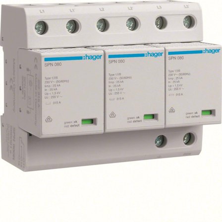 Hager SPN800R Overspenningsvern grovbeskyttelse Med fjernsignalering, 3-polet, Stikkontakter & kabler