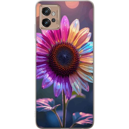 Kompatibelt Mobildeksel til Motorola Moto G32 Irideserende blomst med glitrende kronblad i rosa lilla og gull mot myk bokeh bakgrunn