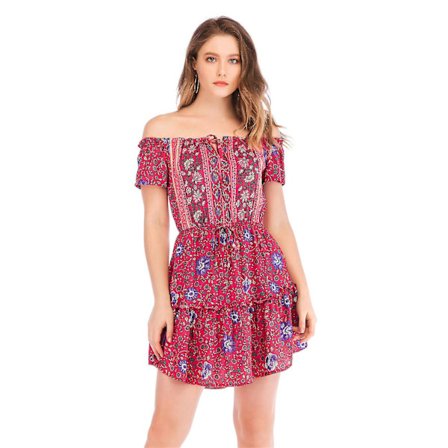 Blomstrete Kjole Off Shoulder Sexy Kort Kjole Dame Semeter Strandklær rød S rød