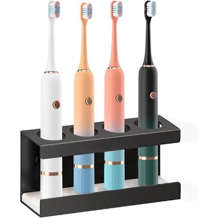 Elektrisk Tannbørsteholder Veggmontert med Diatomittbrett 4 Spor Baderomsorganisator Laderstativ Svart 20x8.5x5cm