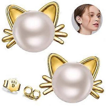 Kattörhängen, Sötvattenspearlörhängen, Sterling Silver Studörhängen för Kvinnor, Present
