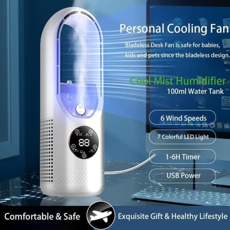 Bladeless Table Fan with Humidifier – USB Fan with Water Cooling, 6 Speeds, Bedroom Fan with Timer and LED Light