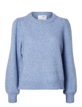 Slflulu Ls Knit Rib O-Neck Noos Blue Selected Femme
