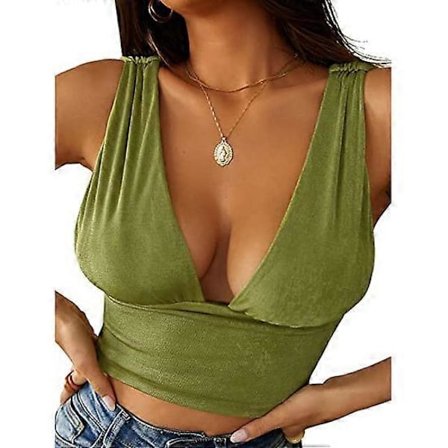 Sexy Dame Top med Dyb V-udskæring, Slank Top, Remløs Top Grøn, L