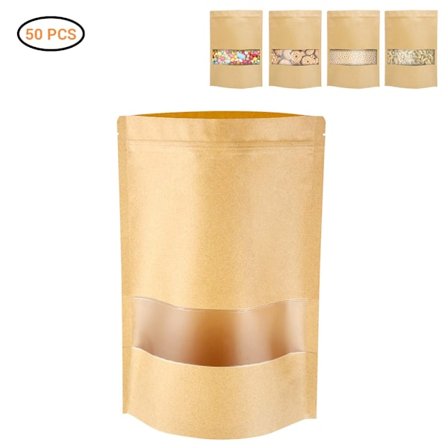 50 stk. Stand Up Pouch Bags Kraft Pouches med Tear Notch og Matte Vindue Genlukkelige Zip Lock Fødevareopbevaringsposer