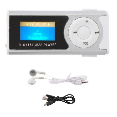 Bærbar mini-LCD-skjerm musikkspiller med lommelykt og klipp (sølv)
