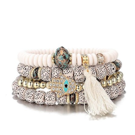 4st Boho Evil Eye Charm Armband Set Kvinnor Natural Bead Palm Tofs Armband Vintage Armband Geome