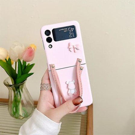 Söt Björnbåge Solid Färg Skal Kompatibel Samsung Z Flip 4 Med Dubbelt Handrepsband