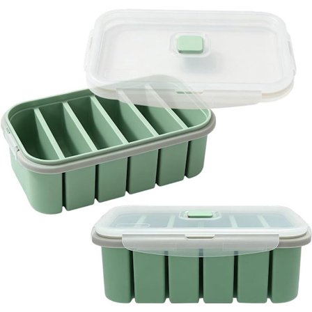 Todelt silikonform for fryser med lokk, seks rom, matboks for suppe, saus, buljong og grøt, tåler oppvaskmaskin, sammenleggbar og utstyrt med