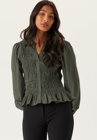 BUBBLEROOM - V-neck Cotton Smock Blouse - L