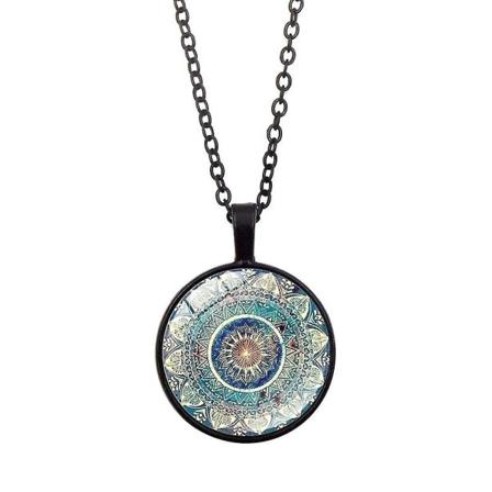 Farfi Vintage Dam Glas Cabochon Hänge Lång Kedja Mandala Halsband Smycken Present (Svart)
