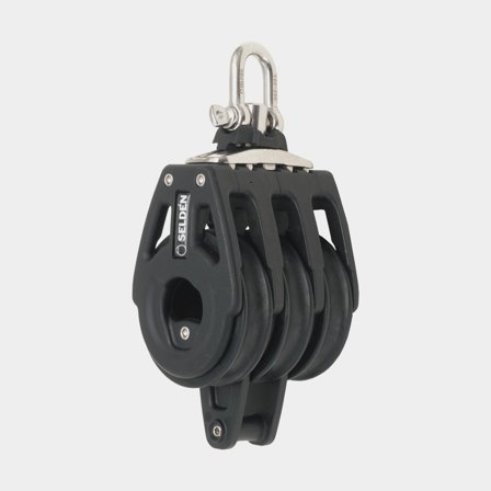 Bloco triplo com manilha Seldén BBB 60, fixo/giratório, com rolamento de esferas, com mordedor, para cabos Ø6 - 10 mm