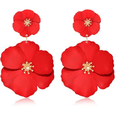 Røde Blomster Hengeøreringer Boho Lagdelt Blomsterblad Drop Ørepynt