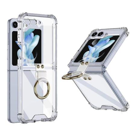 Gjennomsiktig deksel Kompatibel Samsung Galaxy Z Flip 5 Med Ringholder Fire Hjørner Droppsikret Plating Støtsikker Transparent
