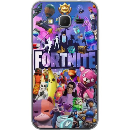 Kompatibelt Mobilskal till Samsung Samsung Galaxy Core Prime Fortnite kollage med ikoniska karaktärer, skins, Victory Royale och starka färger som s