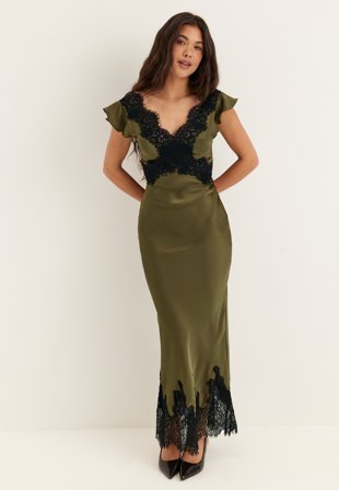 Bubbleroom Occasion - Lace Satin Maxi Dress - Olive green