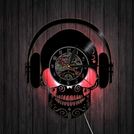 Musik Vinyl Plade Væg Ur - Skull Med Hovedtelefoner LED Lys Væg Ur - Vinyl Ur - Stue Væg Dekoration - Unikke Gaver Til Musikelskere
