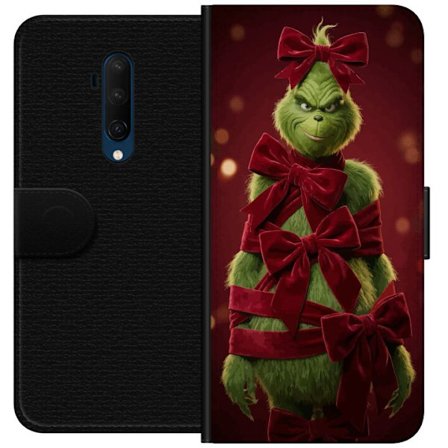 Yhteensopiva Lompakkokotelo OnePlus OnePlus 7T Pro Grinchi-hahmo koristeltu punaisilla samettinauhoilla juhlavassa studiossa, leikkisällä ja humoris