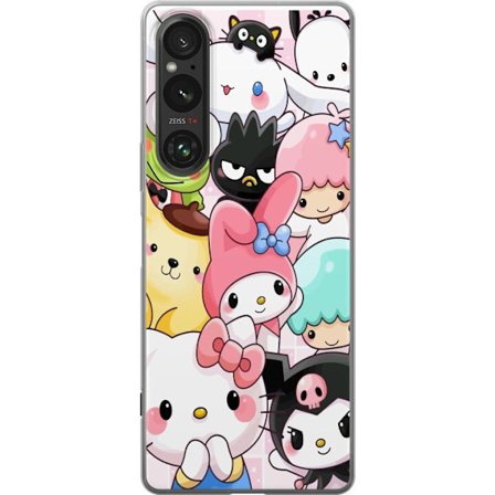 Kompatibelt Mobildeksel til Sony Xperia 1 VI Tett mønster av søte figurer med store øyne i ulike farger og uttrykk med LABUBU-tekst