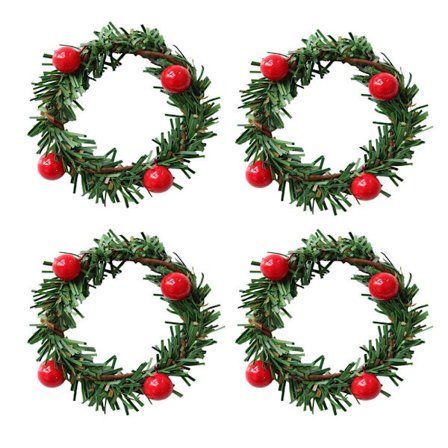 Sæt med 4 servietringe Jule rød bær krans serviet spænder -borddekoration til hjem, hotel,