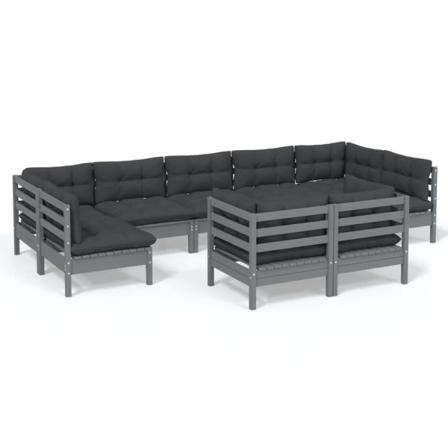 Vidaxl Loungegrupp Med Dynor 9 Delar Grå Massiv Furu Grå