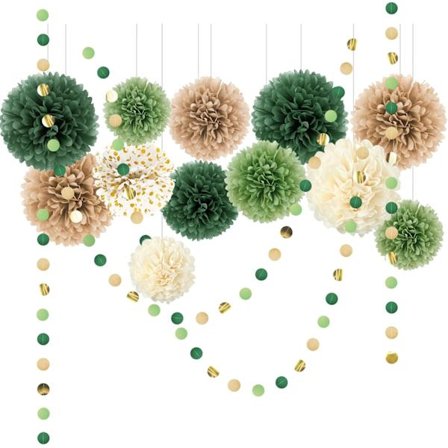 Bryllupsfest Dekoration Sæt, 15 Stykker Grønne Silkepapir Pompomer, Polka Dot Papir Guirlande Snor Hængende Dekorationer til Forlovelse, Rustikt 