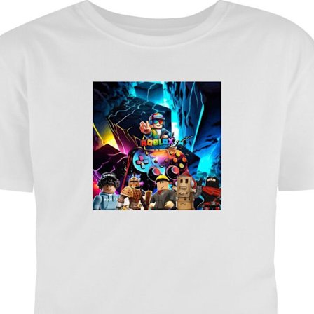 Lapsen t-paita Roblox neonmaailma, jossa on futuristisia maisemia, peliohjaimia ja suosittuja hahmoja - täydellinen pelaajille.