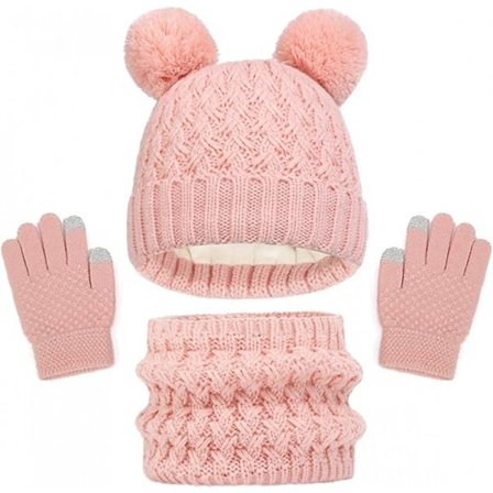 Rosa - Skjerf, hansker og hatt tredelt sett (alder 2-8)