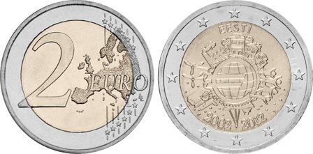 Estland 2012 - 10 år med Euro kontanter - 2 euro mønt