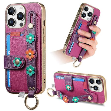 W2 Til iPhone 16 Pro Max Cover med Kortholder Læder Bagside 3D Blomster Armbånd - Grøn