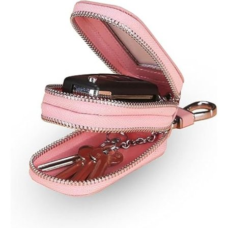 (Rosa) Bilnøkkelveske - Lær Dobbel Glidelås Myntpung - Nøkkelholder med Klart Vindu Bilnøkkel Fjernveske