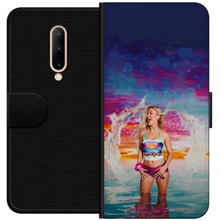 Yhteensopiva Lompakkokotelo OnePlus 7 Pro Vaalea nainen kirjavia rantavaatteita pelaa meressä auringonlaskun aikaan