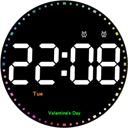 Rundt vægur, 25 cm, stort digitalt vægur, stort display med regnbue sekundviser, læsning/uge/temperatur/justerbar lysstyrke