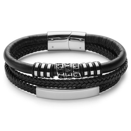 Silberfarbenes Edelstahl- und Kunstleder-Runen-ID-Armband für Männer - Lederarmbänder
