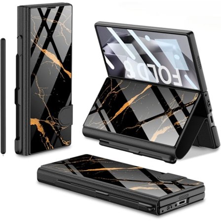 Fodral för Samsung Galaxy Z Fold 6 med pennfack, Z Fold 6 fodral pläterat glas hybridläder All-Inclusive fodral med skärmskydd