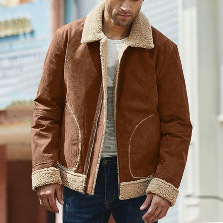 Män Dragkedja Lapel Neck Fuzzy Fleece Ytterkläder Långärmad Jacka