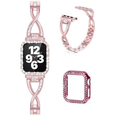 Apple Watch (45 mm) X-formad klockrem med strassdekor + fodral - Rosa Ros
