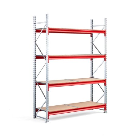 Lagerreol, grunnseksjon, H2500 B1900 D600 mm, 4 hyller i tre