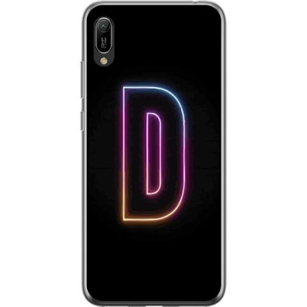 Yhteensopiva Puhelinkuori Huawei Huawei Y6 Pro (2019) Minimalistinen neonkirjain D väriä vaihtavassa valossa mustaa taustaa vasten modernissa digita
