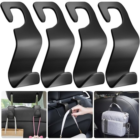 Pakke med bil nakkestøtte kroge til mænd kvinder tilbehør til pung håndtaske osv. (Almindelig sort)