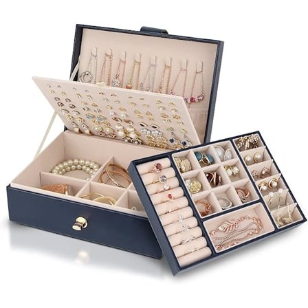 Blå Robust Smykkeskrin i PU-læder med 3 lag og stativ til halskæder, øreringe og ringe [YJD]