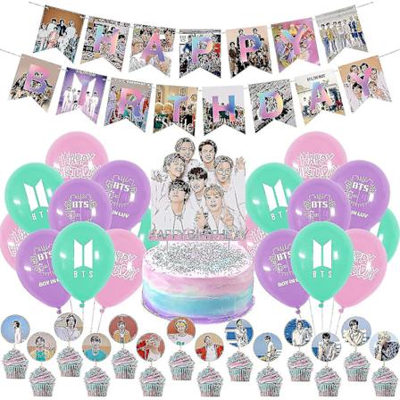 Bts syntymäpäiväjuhlien koristeet, Kpop-syntymäpäivätuotteet Bangtan Boys -faneille, mukaan lukien Bts Happy Birthday -banneri, kakkukoristeet, 