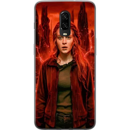 Kompatibelt Mobilskal till OnePlus OnePlus 6T Porträtt av en ung kvinna med rött hår i en apokalyptisk landskap, röda blixtar och mörka klippform