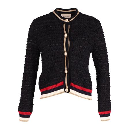 Gucci Vintage, Gucci Knitted Cardigan With Web In Black Nylon Zwart, Dames, Maat:L