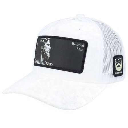 Bearded Man - Vit trucker Keps - Ancient Greek Beard Patch Velvet White A-Frame Trucker @ Hatstore