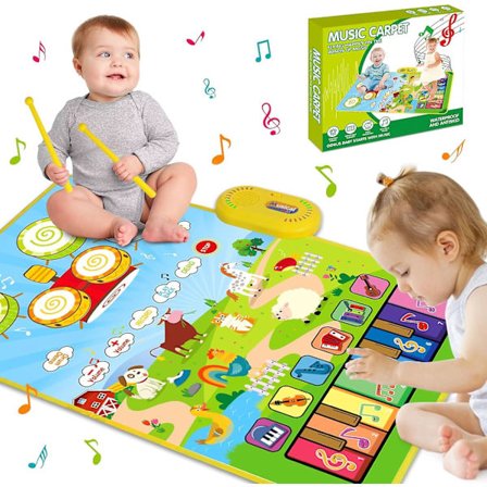 3 i 1 musikmatta för småbarn 1-3, pianomatta & trummatta med 2 pinnar, tidiga pedagogiska inlärningsleksaker för 12-18 månader Baby, Animal Touch Play