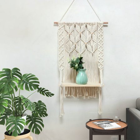 Vægmonteret træhylde, macramé, boheme dekoration, planter, kvaster, håndvævet