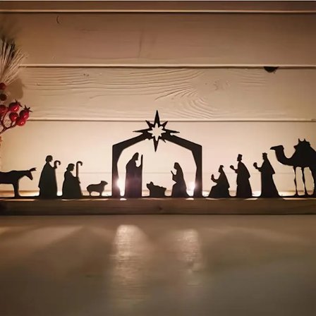 Julkrubbor, Julkrubbor för inomhusbruk, Svart metall julkrubba med träbas, Julkrubbsdekorationer med figurer för jul