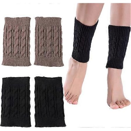 Ben Varmere 2 Par Hæklede Ben Varmere Dame Gaiters Dame Støvlesokker Strikket Støvlebetræk Korte Sokker Støvlemanchetter Støvlesokker, Sort og Khaki, 